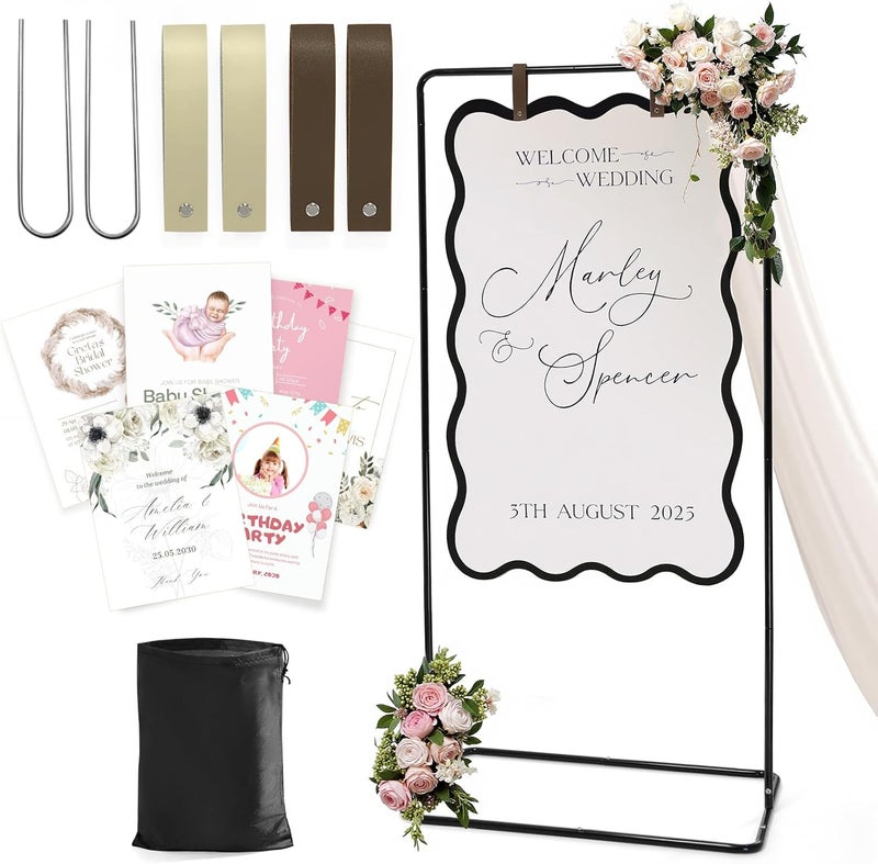 Victawks Wedding Welcome Sign Stand, Welcome to our Wedding Sign Holder, Black Easel Stand for Sign Poster With Design Bundle & Ground Stakes & Leather Sign Hanging Straps, Linen Sign Stand for Wedding Decor - Image 1